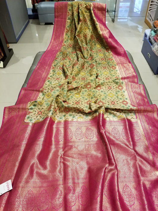 Golden Beige Double Silk Ikkat Sari with Pink Banarasi Pallu and Border