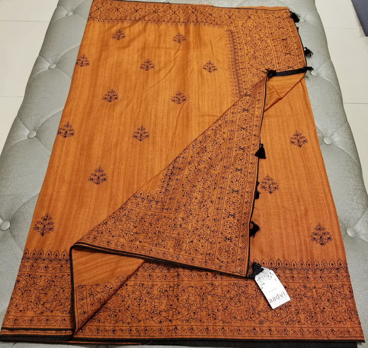 Rust Color Blended Silk Sari with Threadwork and black rhinestone