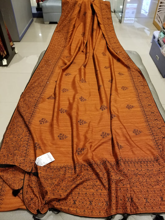 Rust Color Blended Silk Sari with Threadwork and black rhinestone