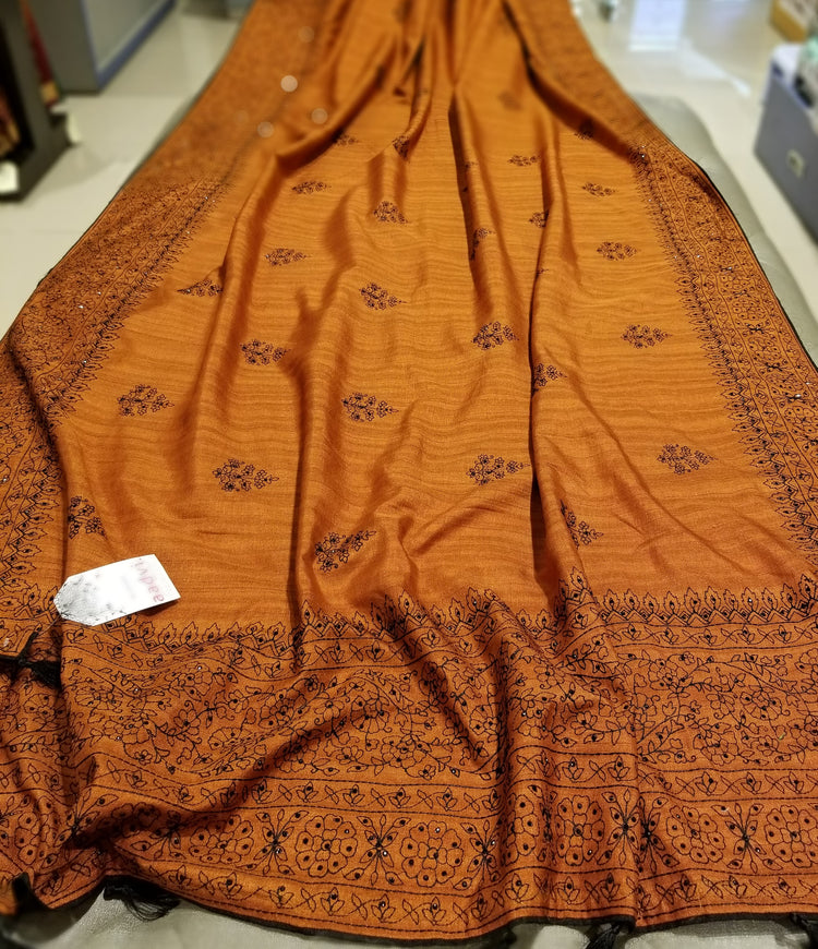 Rust Color Blended Silk Sari with Threadwork and black rhinestone