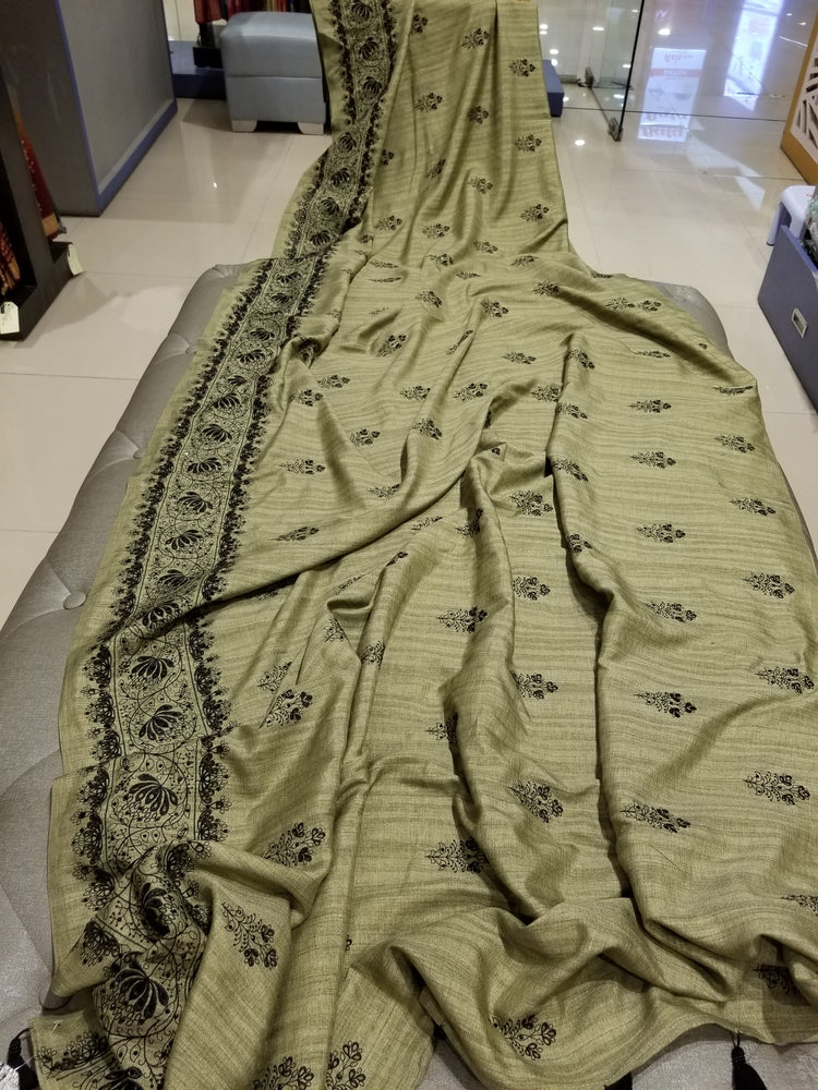 Pista Green Color Blended Silk Sari with Threadwork and black rhinestone