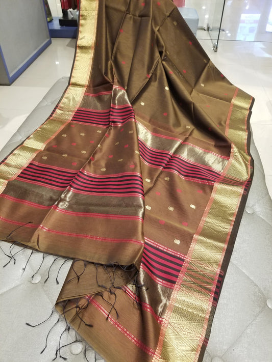 Coffee color Handwoven Maheshwari Sari
