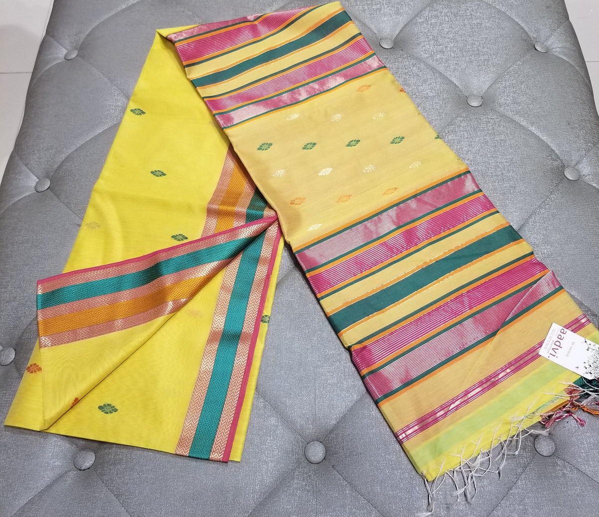Lemon Yellow Handwoven Maheshwari Sari — view 3