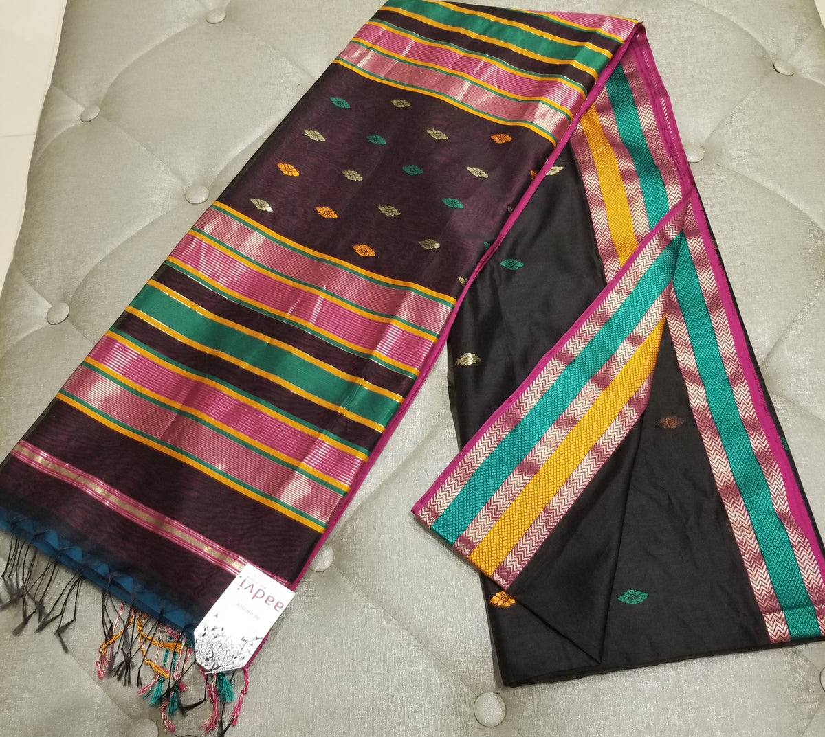 Black Handwoven Maheshwari Sari — view 8
