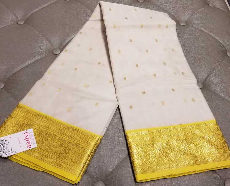 White Chanderi Handwoven Pure Silk by Silk Sari with Yellow Border