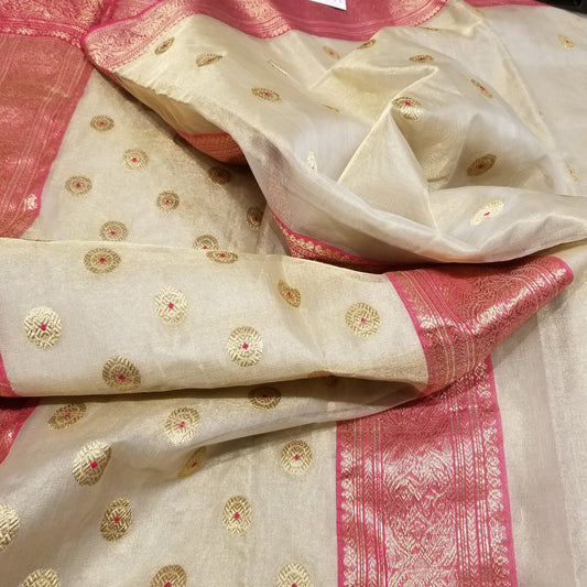Off-White Chanderi Handwoven Pure Silk by Tissue Sari with Deep Pink Border