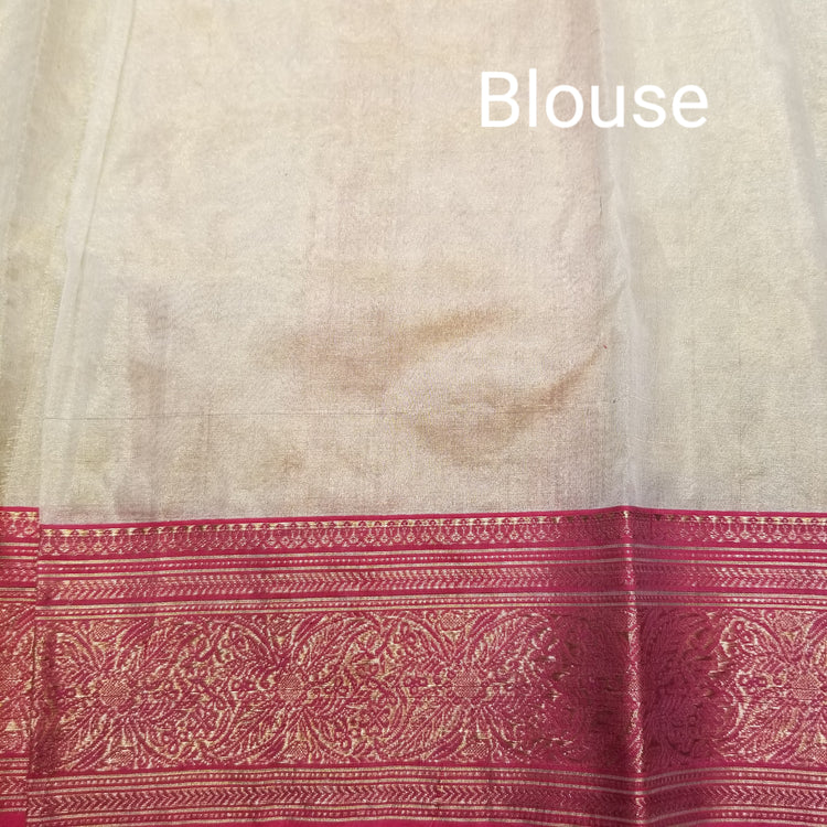 Off-White Chanderi Handwoven Pure Silk by Tissue Sari with Deep Pink Border