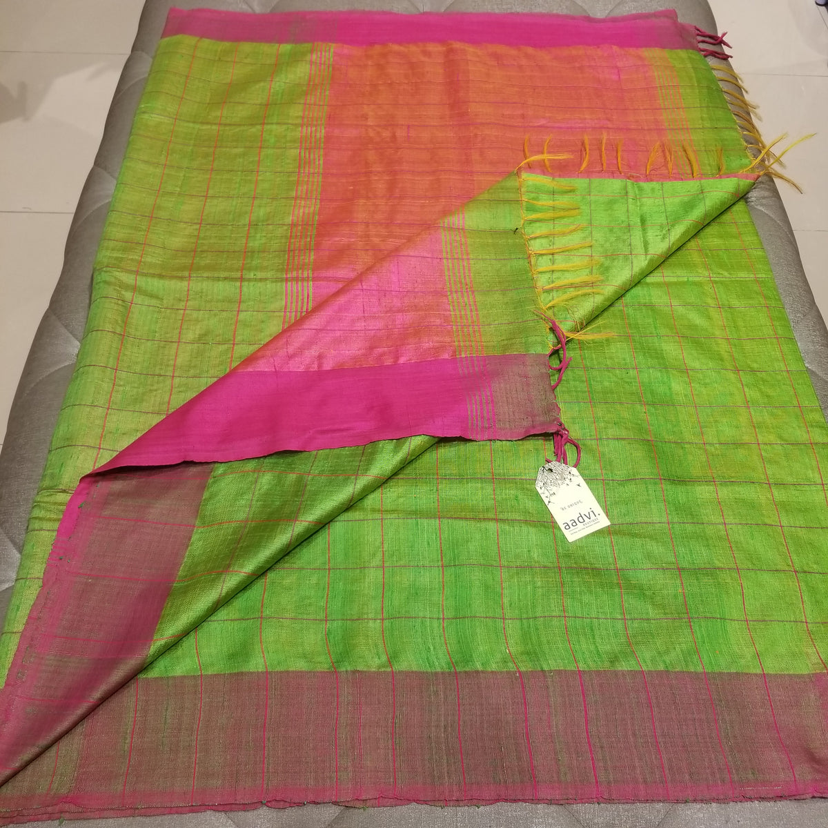 Parrot Green Pure Dupion Silk Handwoven Sari with Pink Border and checkered body — view 7