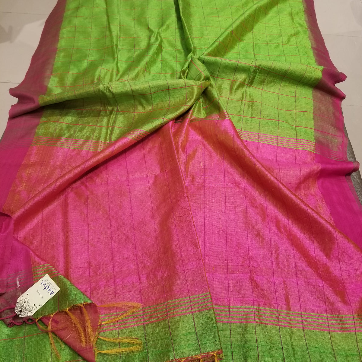 Parrot Green Pure Dupion Silk Handwoven Sari with Pink Border and checkered body — view 3