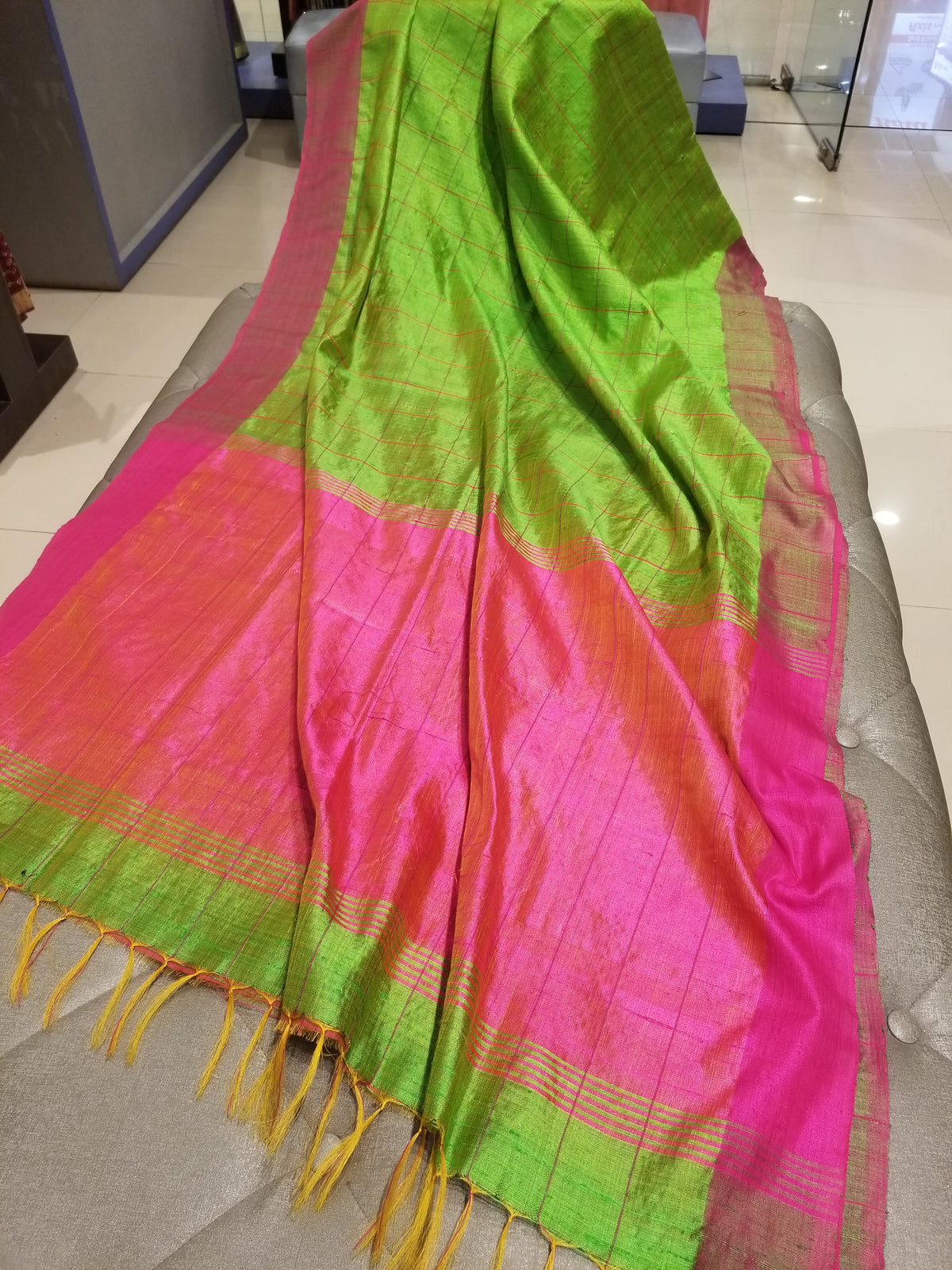 Parrot Green Pure Dupion Silk Handwoven Sari with Pink Border and checkered body — view 5