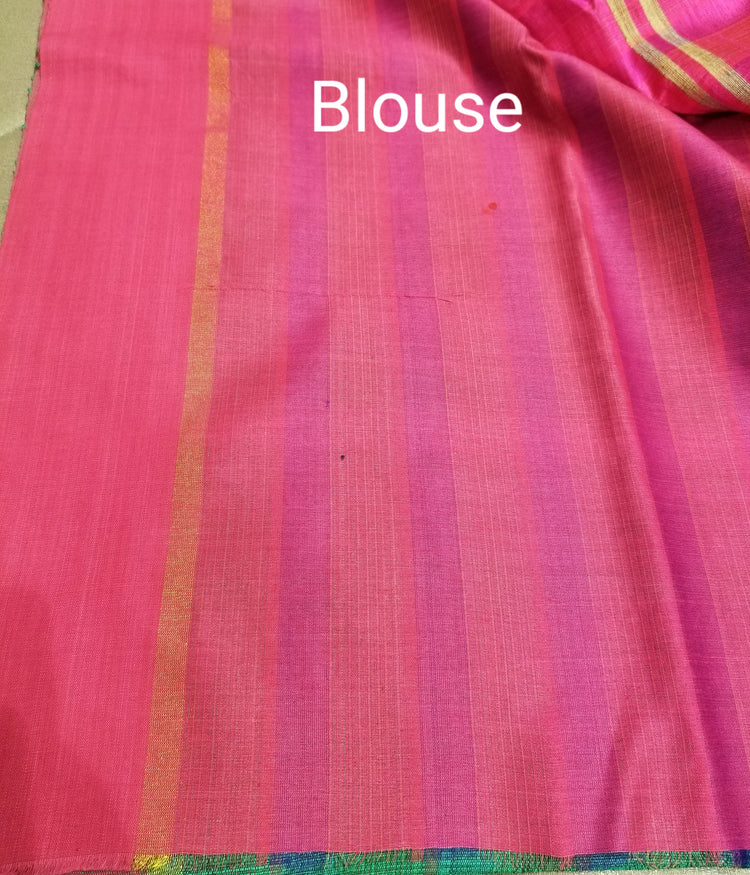 Deep Green Pure Dupion Silk Handwoven Sari with Pink Pallu