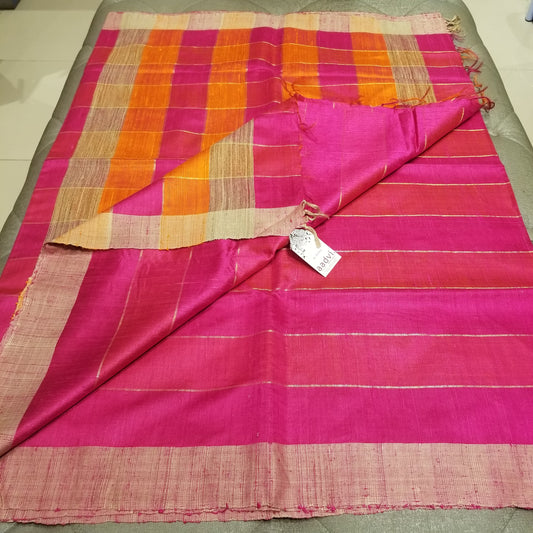 Pink Pure Dupion Silk Handwoven Sari with Orange and Pink Pallu