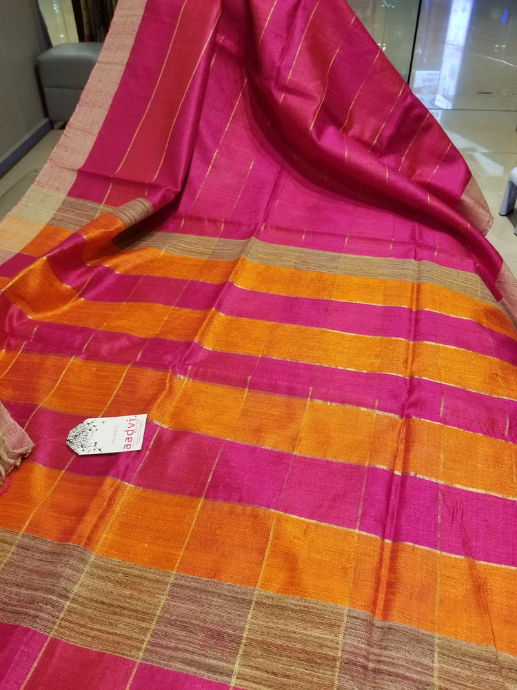 Pink Pure Dupion Silk Handwoven Sari with Orange and Pink Pallu