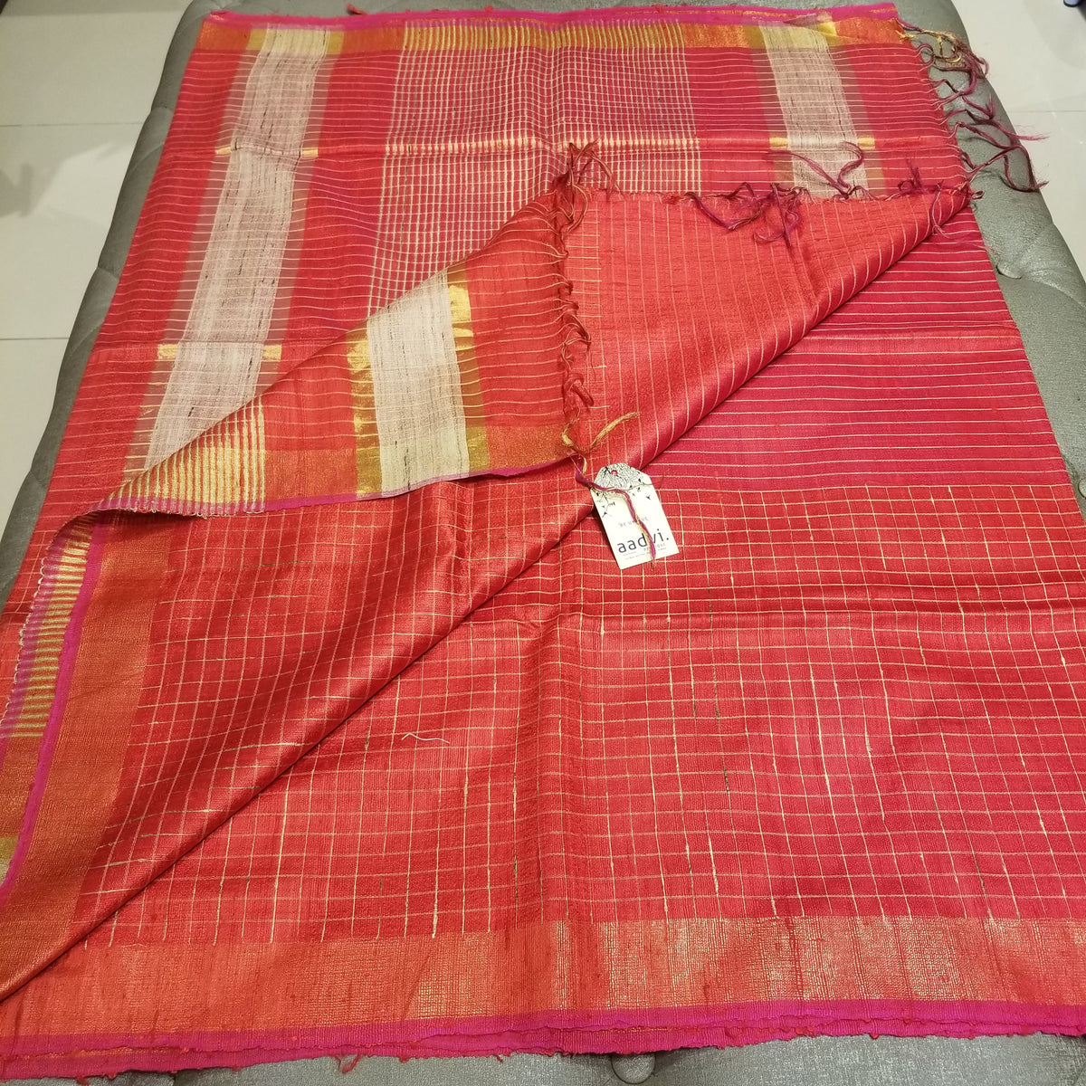 Red Pure Dupion Silk Handwoven Sari with allover golden check pattern — view 6