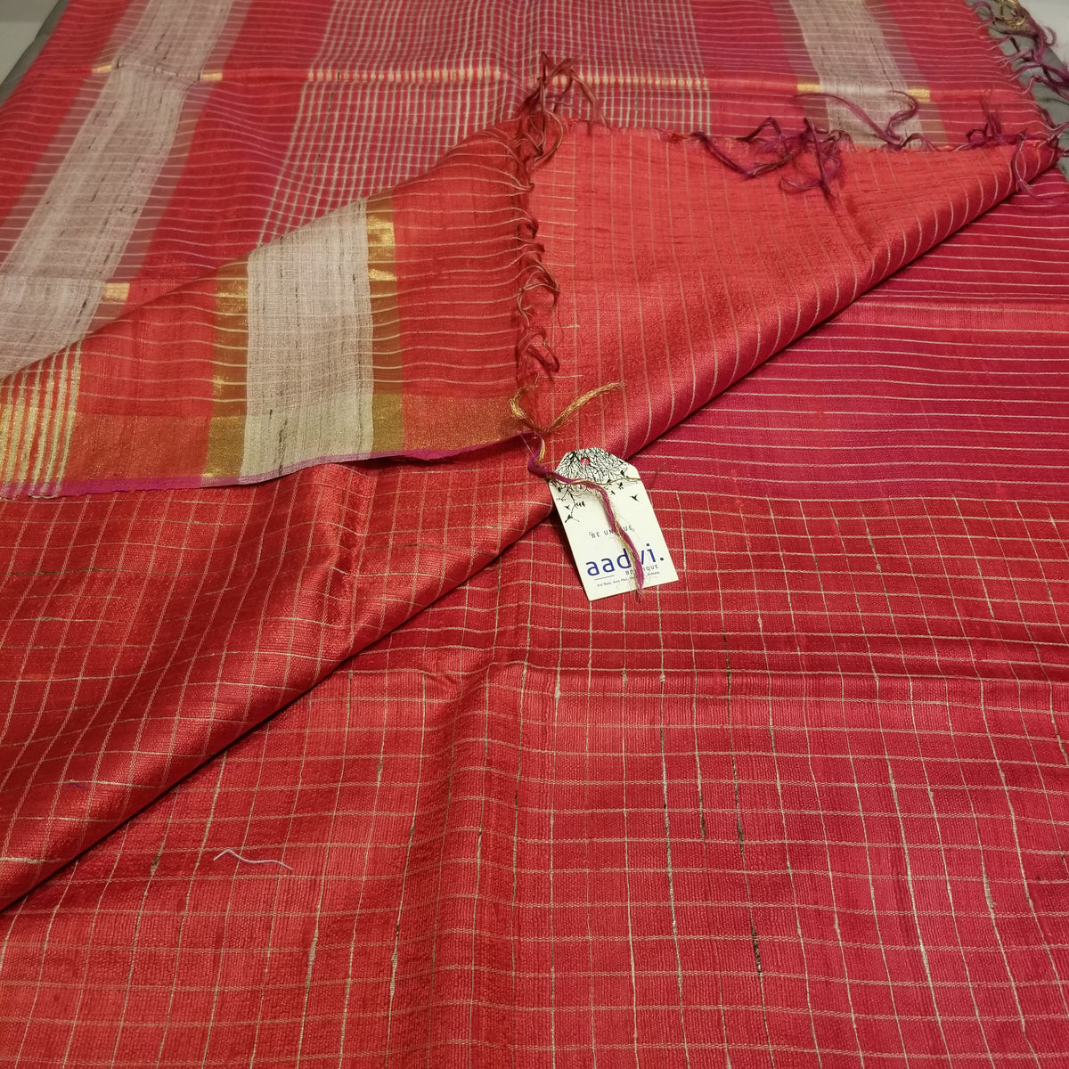 Red Pure Dupion Silk Handwoven Sari with allover golden check pattern — view 9