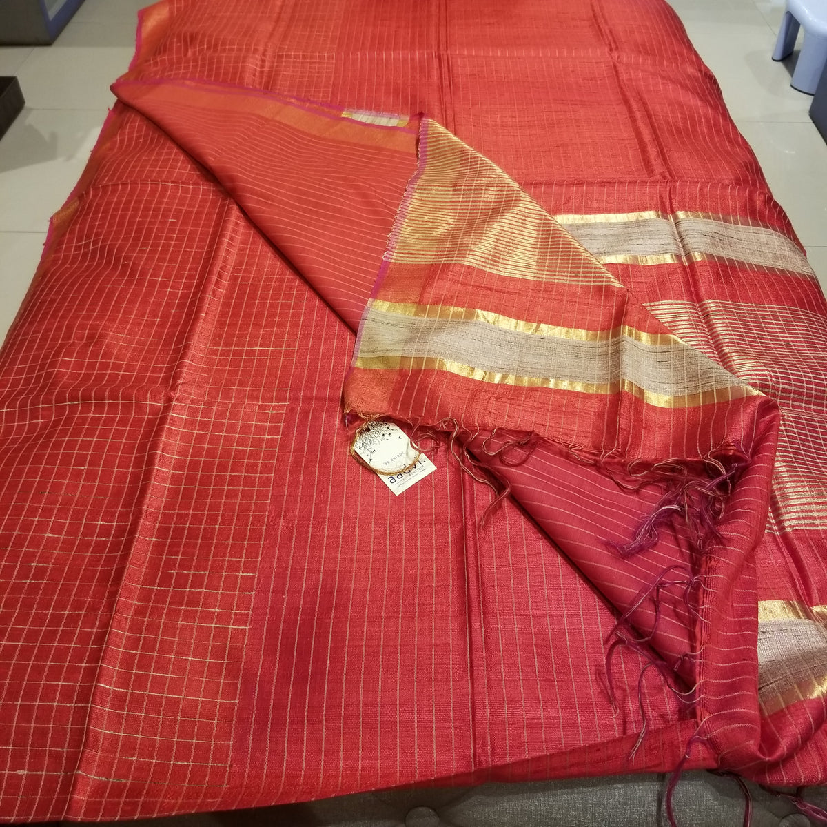 Red Pure Dupion Silk Handwoven Sari with allover golden check pattern — view 7