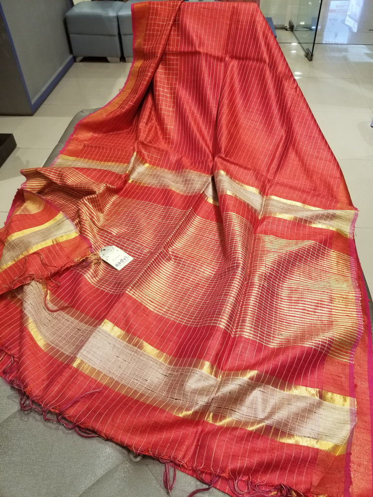 Red Pure Dupion Silk Handwoven Sari with allover golden check pattern