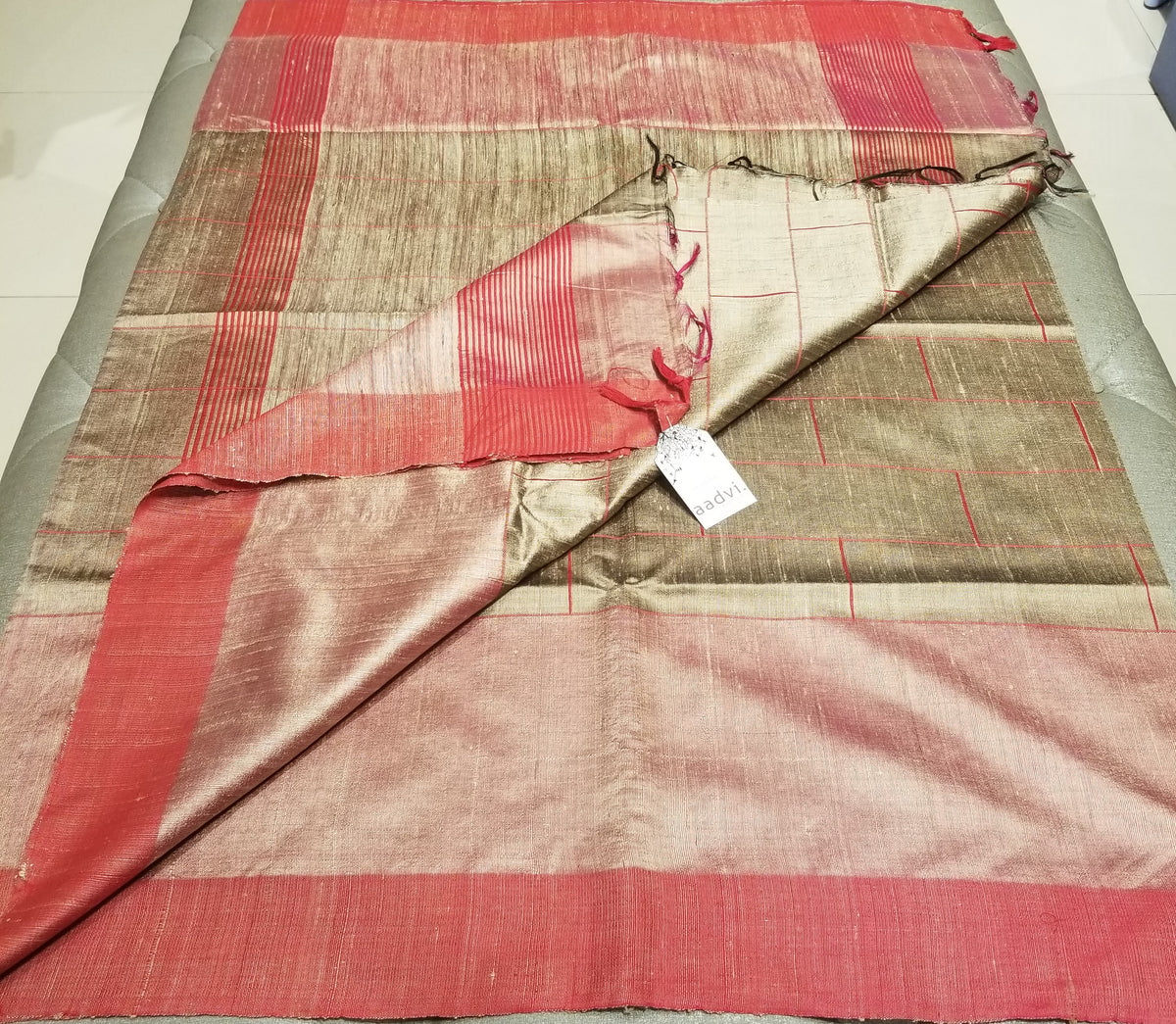 Golden Beige Pure Dupion Silk Handwoven Sari — view 5
