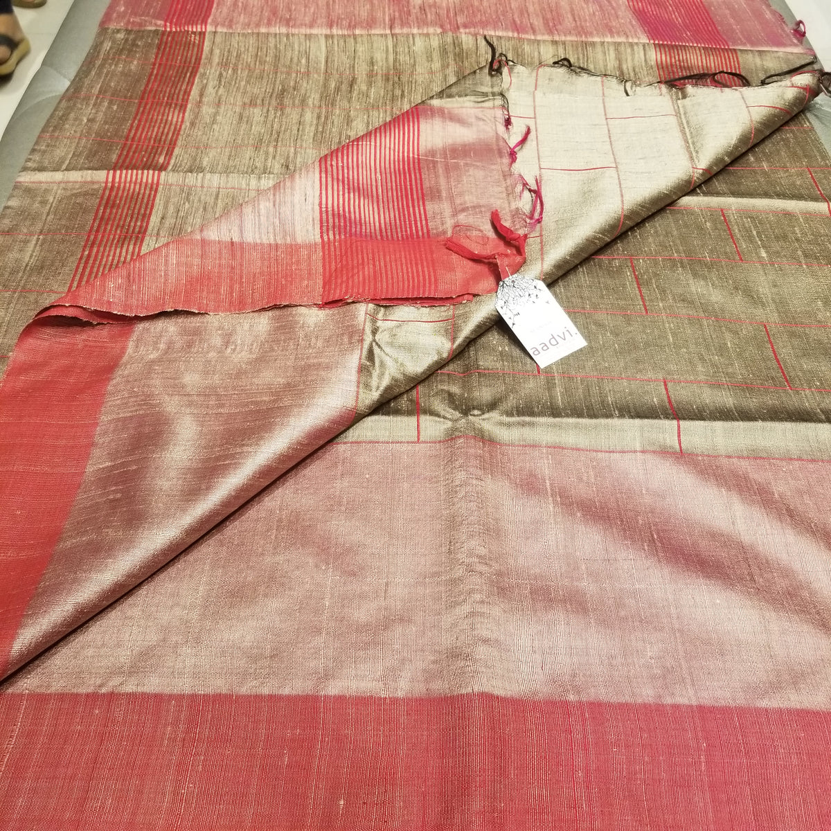 Golden Beige Pure Dupion Silk Handwoven Sari — view 6