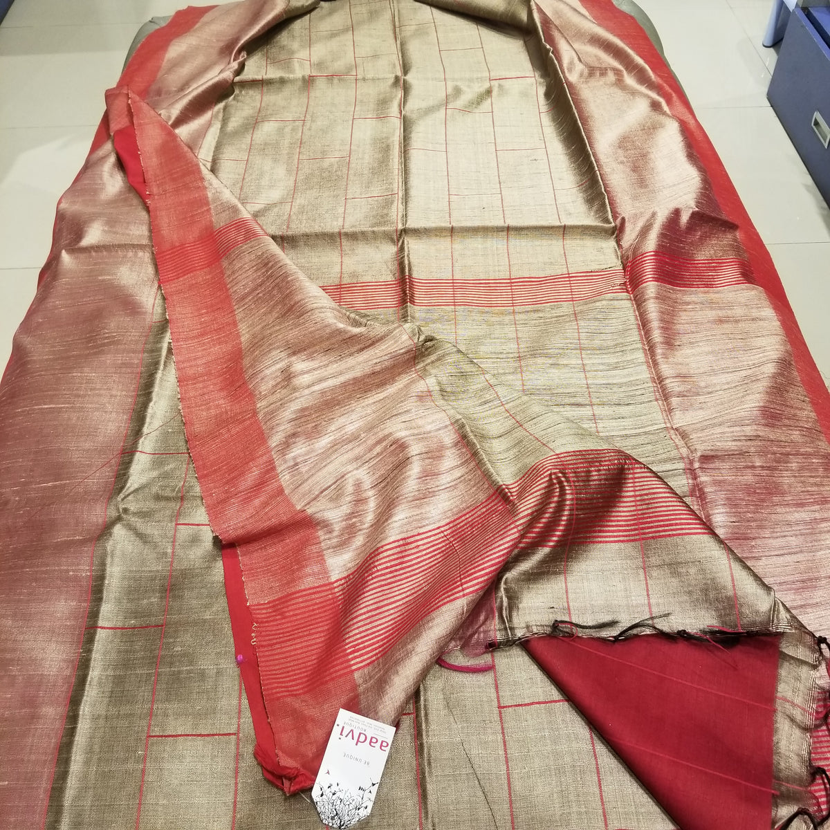 Golden Beige Pure Dupion Silk Handwoven Sari — view 7