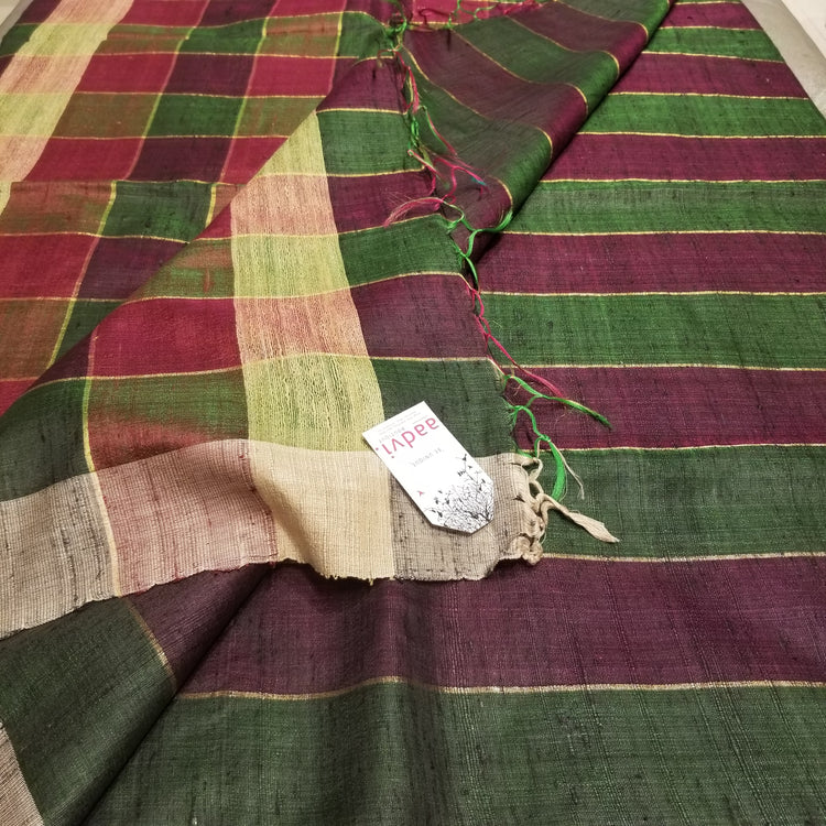 Wine Green Pure Dupion Silk Handwoven Sari with multi colored checkered pallu
