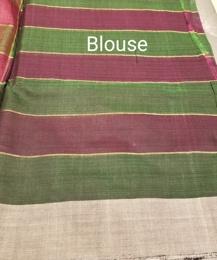 Wine Green Pure Dupion Silk Handwoven Sari with multi colored checkered pallu