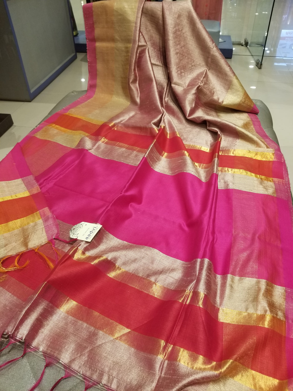 Beige Color Pure Dupion Silk Handwoven Sari with Pink and Red Pallu — view 5