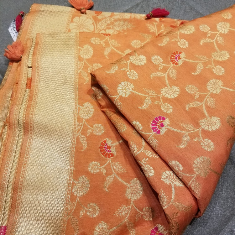 Pastel Peach Color Crepe Marble Silk Handwoven Sari with intricate golden floral all-over work