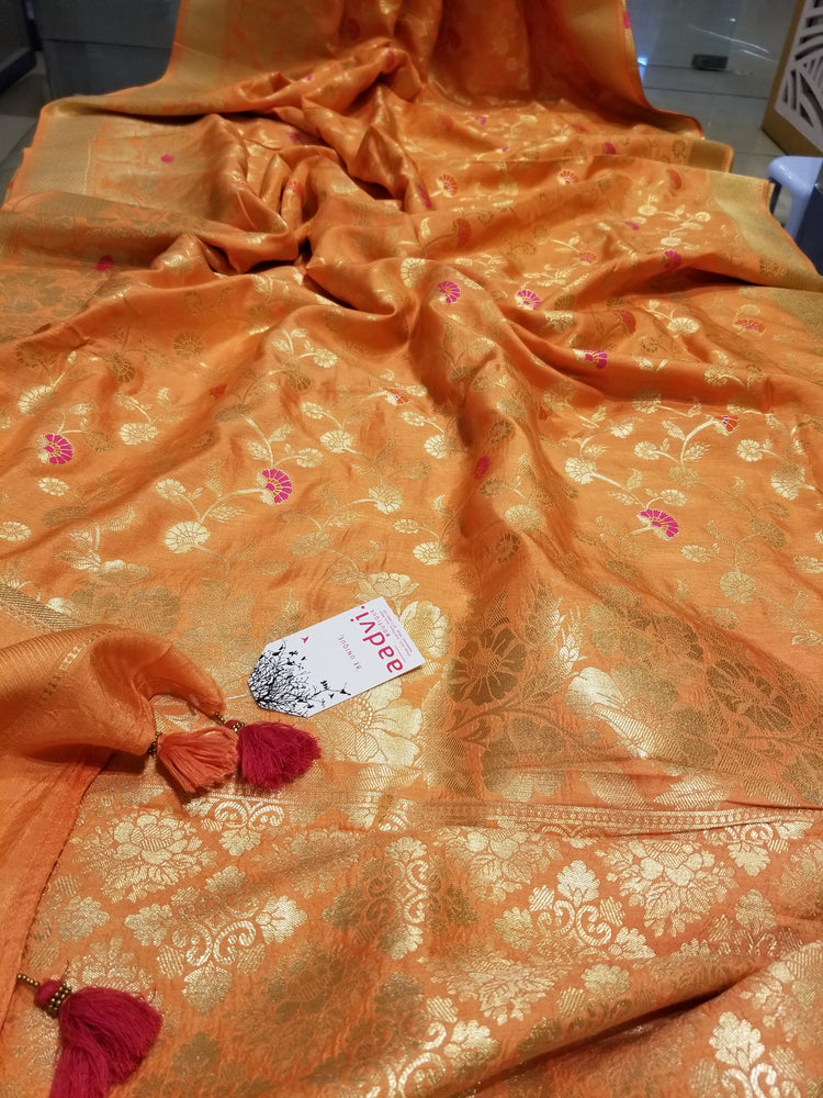 Pastel Peach Color Crepe Marble Silk Handwoven Sari with intricate golden floral all-over work