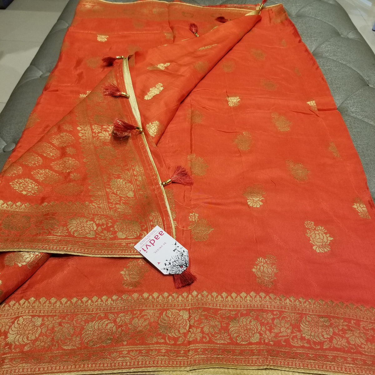 Deep Pastel Orange Color Crepe Marble Silk Handwoven Sari with intricate golden floral all-over work — view 4