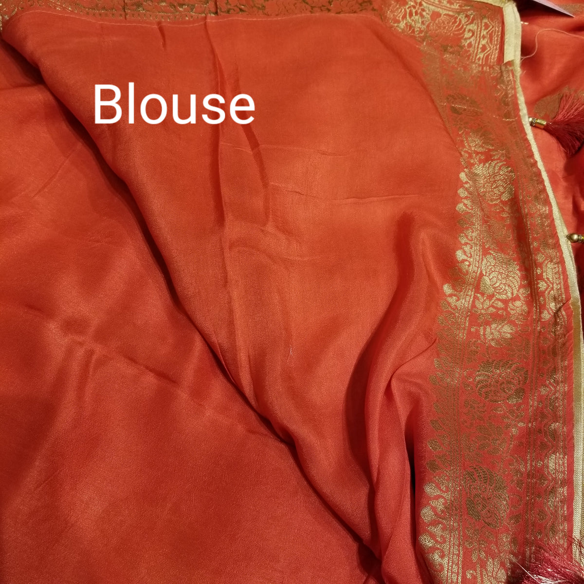 Deep Pastel Orange Color Crepe Marble Silk Handwoven Sari with intricate golden floral all-over work — view 6