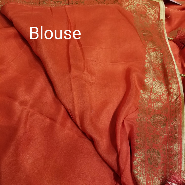 Deep Pastel Orange Color Crepe Marble Silk Handwoven Sari with intricate golden floral all-over work