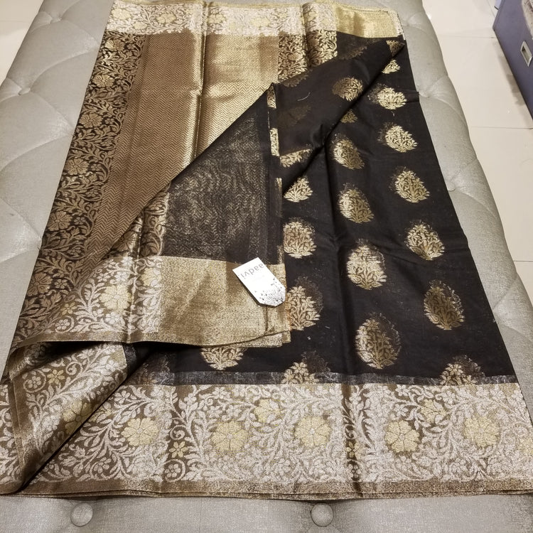 Black Pure Chanderi Silk Handwoven Sari with intricate golden and Silver floral work on Pallu and all-over motif work
