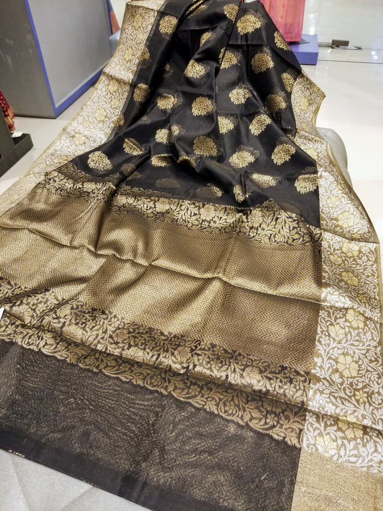 Black Pure Chanderi Silk Handwoven Sari with intricate golden and Silver floral work on Pallu and all-over motif work