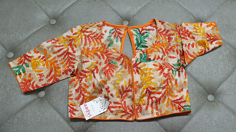 Golden Cream Designer Blouse with Dyed Floral Pattern - Front Side
