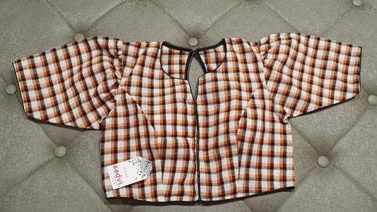 Beige Designer Blouse with REd-Black Checkered Pattern - Front Side