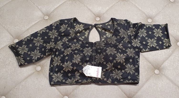 Black Designer Blouse with White Geometric Patterns - Front Side
