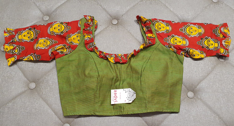 Sap Green Designer Blouse with Traditional Print - Front Side