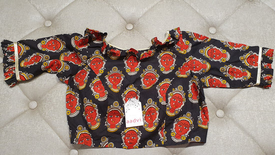 Red on Black Designer Blouse with Traditional Print - Front Side