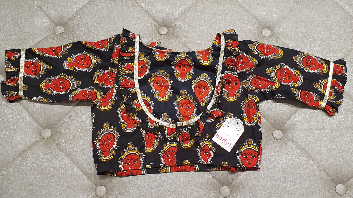 Red on Black Designer Blouse with Traditional Print - Back Side