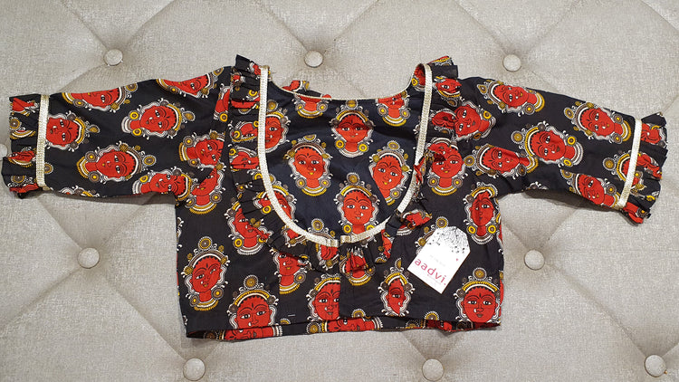 Red on Black Designer Blouse with Traditional Print - Back Side