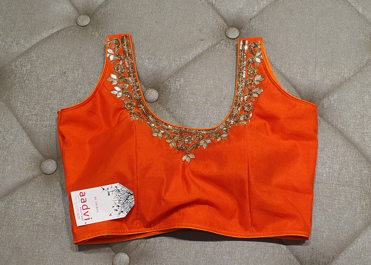 Orange Hand Embroidered Designer Blouse with Zardosi Work - Front Side