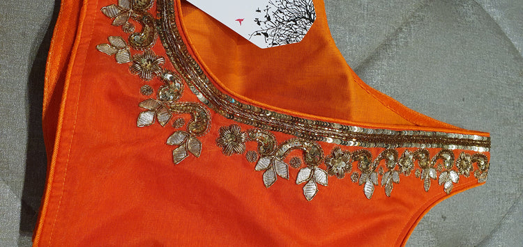 Orange Hand Embroidered Designer Blouse with Zardosi Work - Closeup