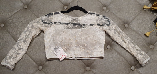White Net Designer Blouse with Embroidered Floral Pattern - Front Side