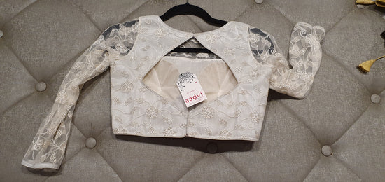 White Net Designer Blouse with Embroidered Floral Pattern - Back Side