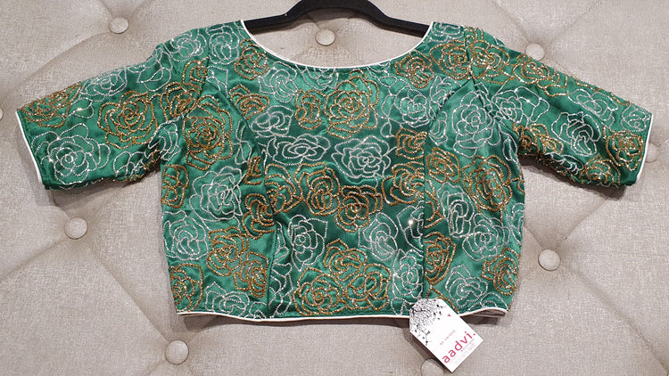 Sea Green  Hand Embroidered Designer Blouse with Floral Zardosi Work - Front Side