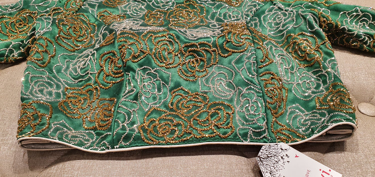 Sea Green  Hand Embroidered Designer Blouse with Floral Zardosi Work - Closeup