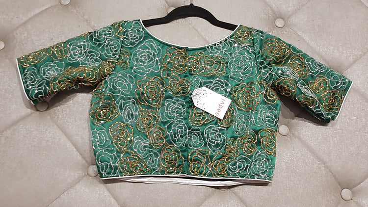 Sea Green  Hand Embroidered Designer Blouse with Floral Zardosi Work - Back Side