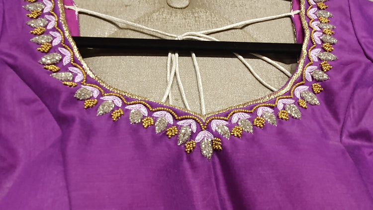 Purple Hand Embroidered Designer Blouse with Zardosi Work - Closeup