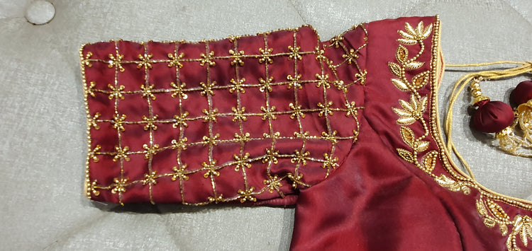 Maroon Hand Embroidered Designer Blouse - Closeup